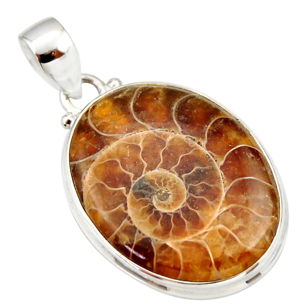 925 sterling silver 22.02cts natural brown ammonite fossil oval pendant r33969