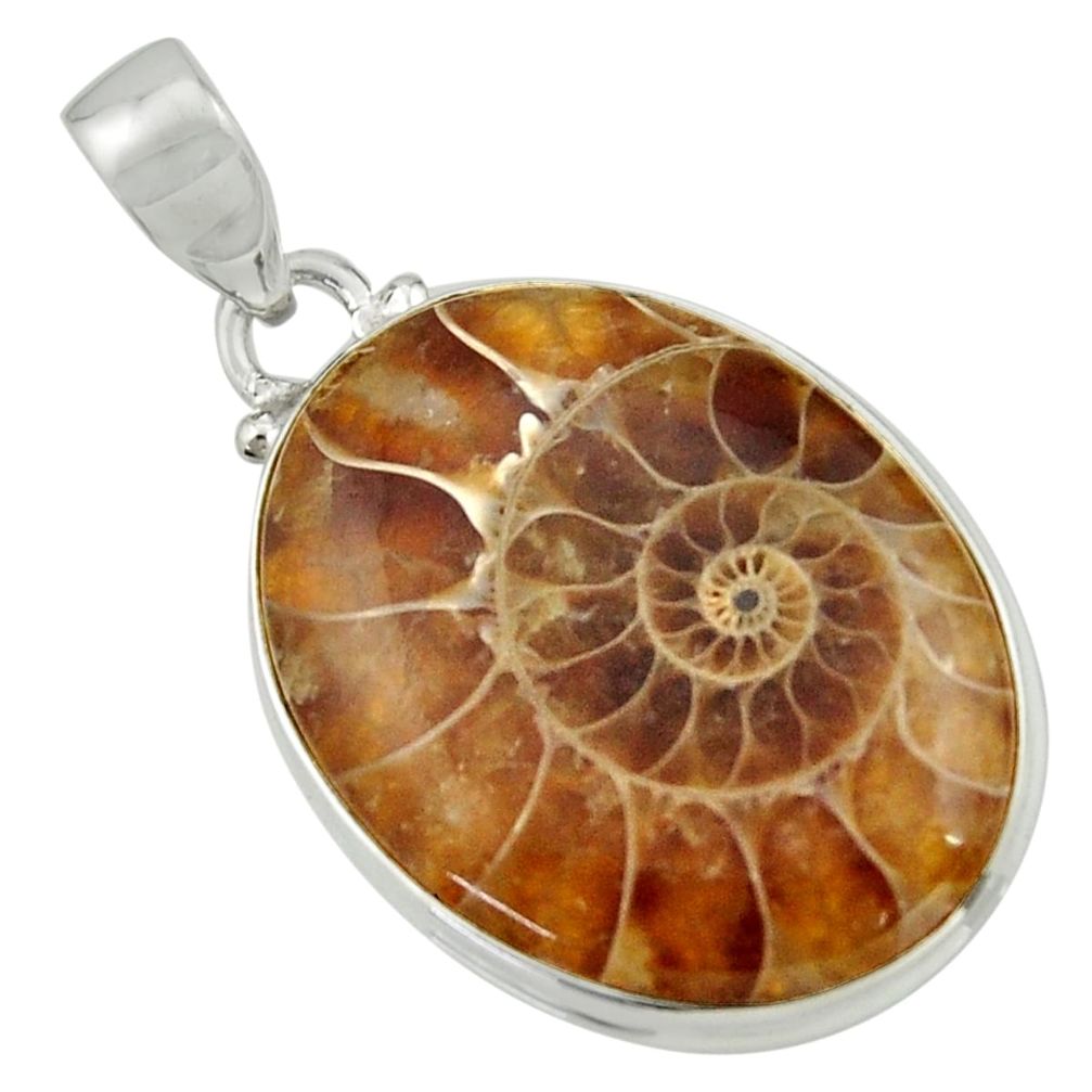 925 sterling silver 22.05cts natural brown ammonite fossil oval pendant r41844