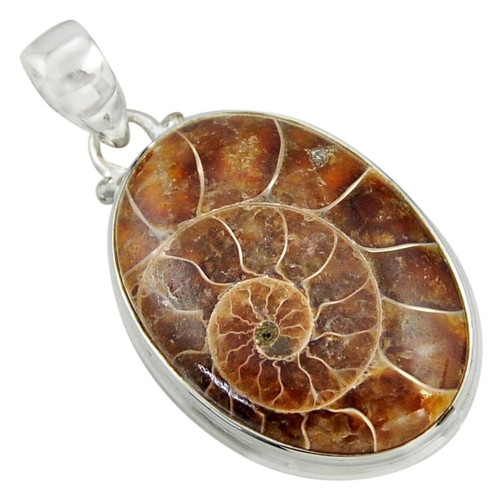 925 sterling silver 25.57cts natural brown ammonite fossil oval pendant r41850