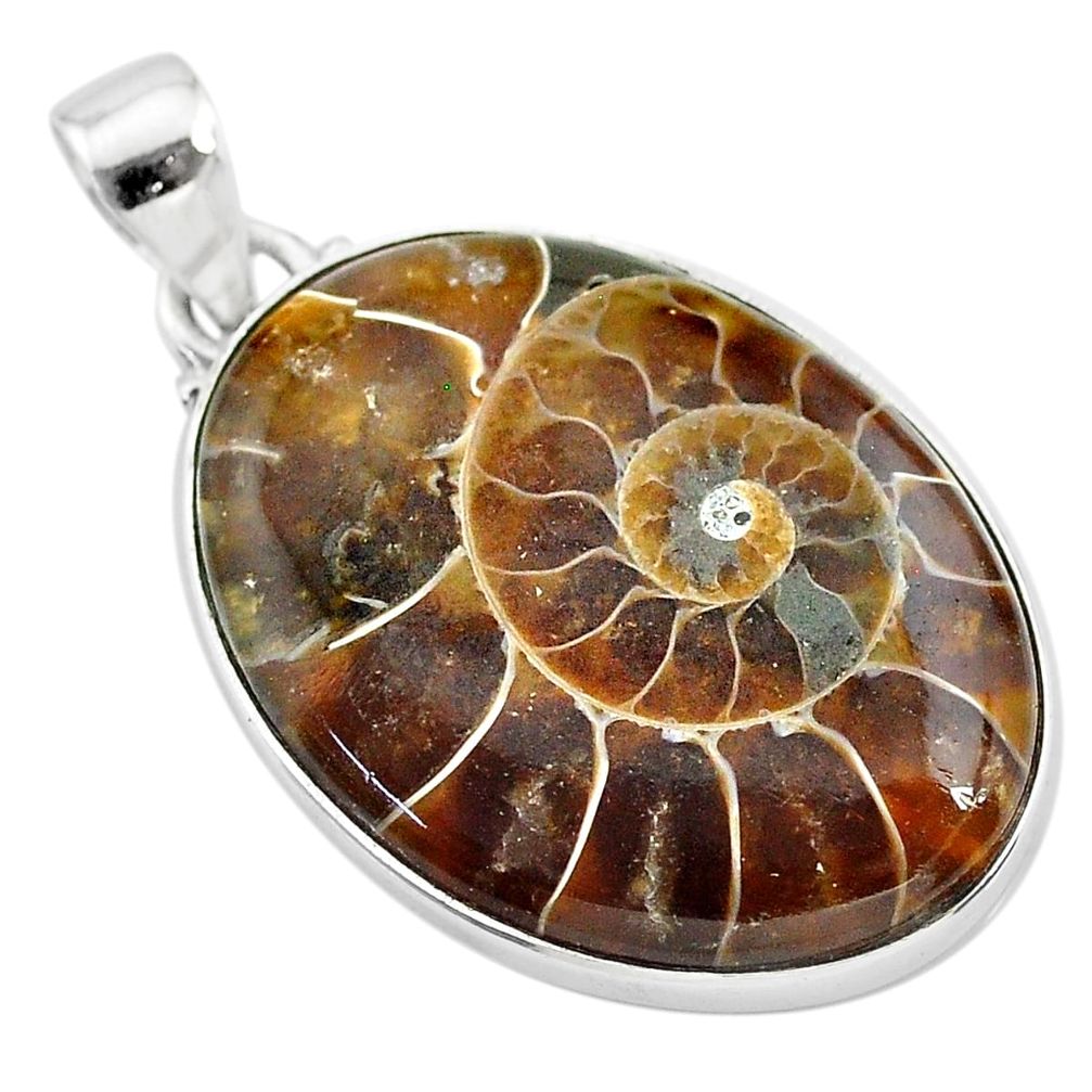 925 sterling silver 25.00cts natural brown ammonite fossil oval pendant t21594