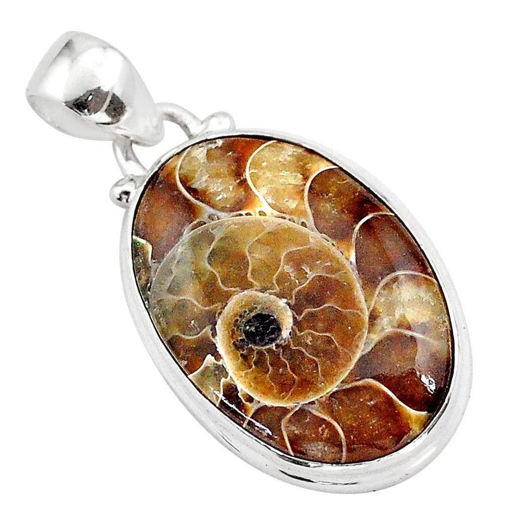 925 sterling silver 13.67cts natural brown ammonite fossil oval pendant t42451