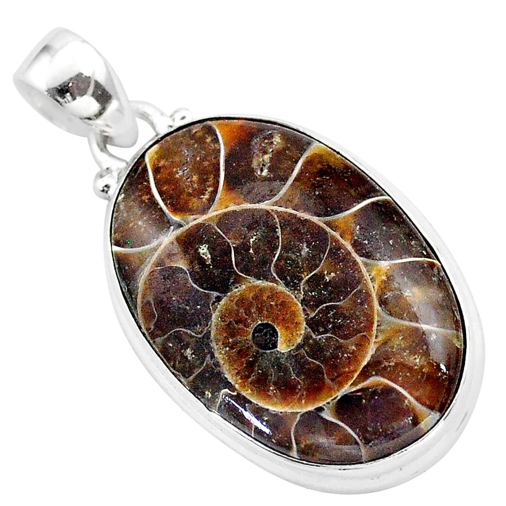 925 sterling silver 18.70cts natural brown ammonite fossil oval pendant t42455
