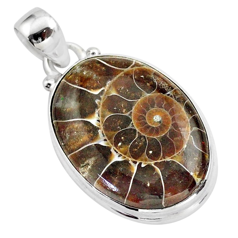 925 sterling silver 15.60cts natural brown ammonite fossil oval pendant t42459