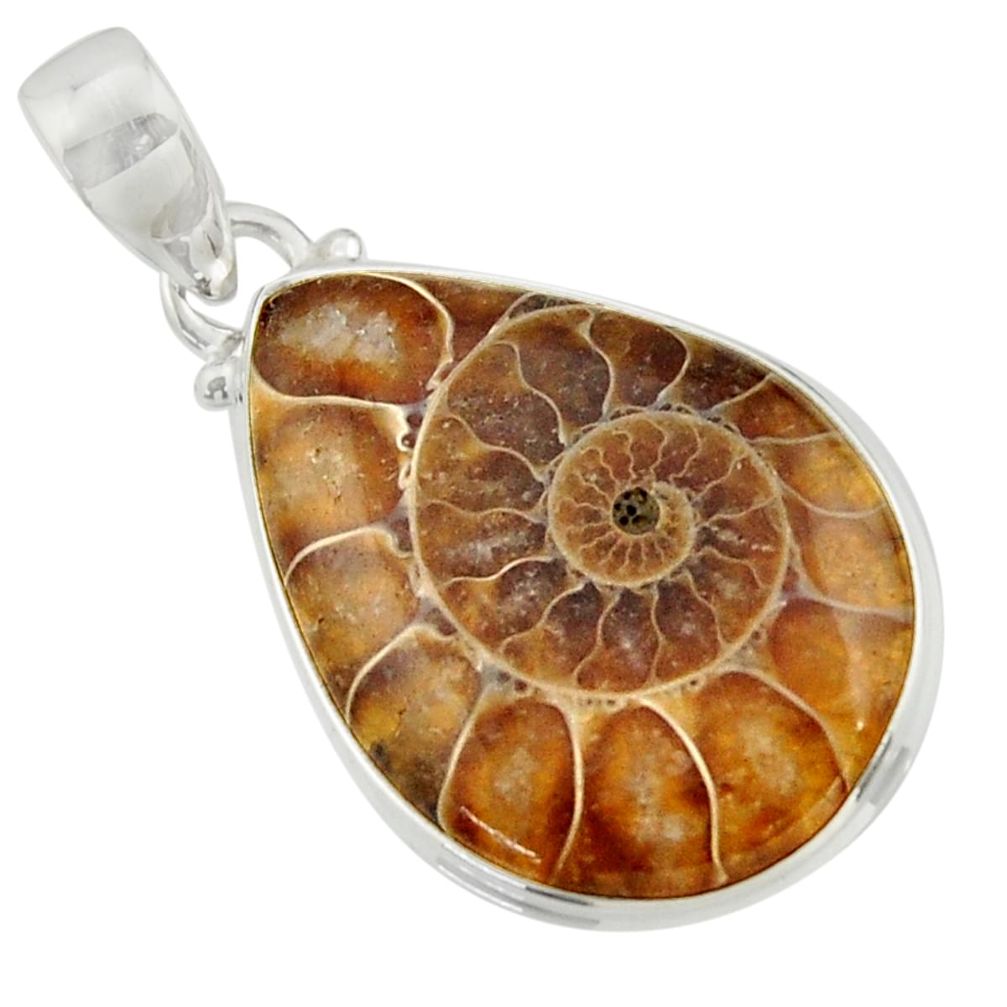 925 sterling silver 17.22cts natural brown ammonite fossil pear pendant r41853