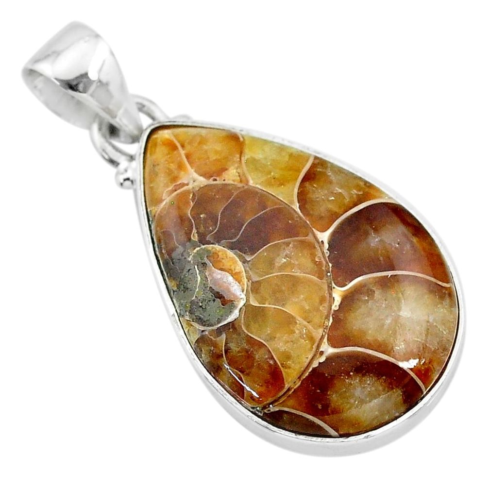 925 sterling silver 14.72cts natural brown ammonite fossil pear pendant t21578