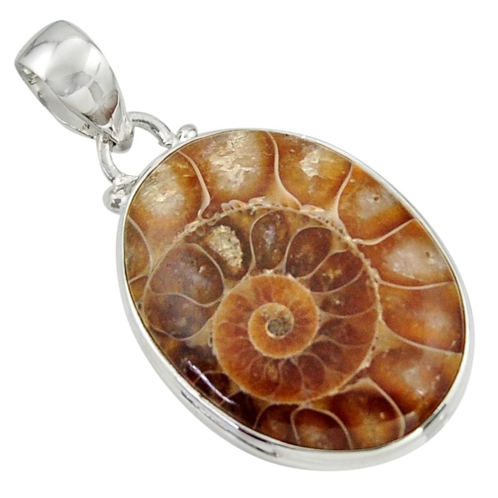 925 sterling silver 21.48cts natural brown ammonite fossil pendant r41847