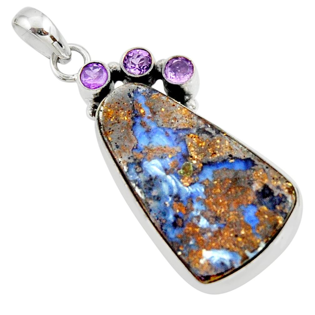 925 sterling silver 28.86cts natural brown boulder opal amethyst pendant r36260