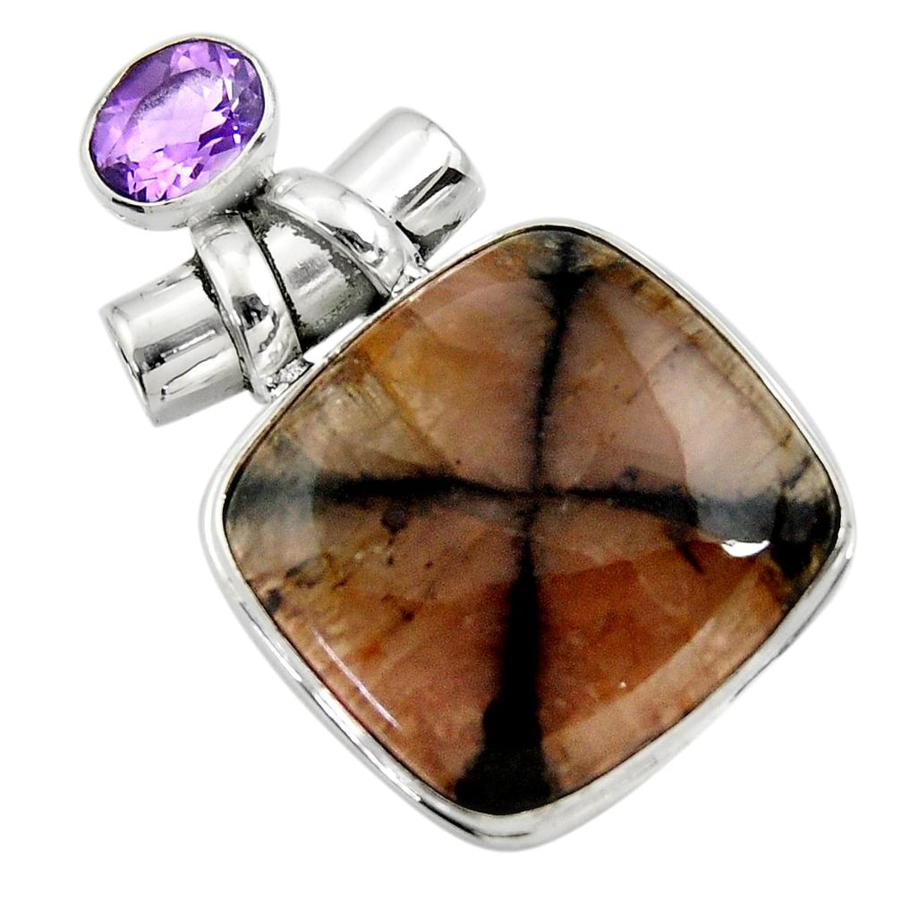 925 sterling silver 32.14cts natural brown chiastolite amethyst pendant r30556