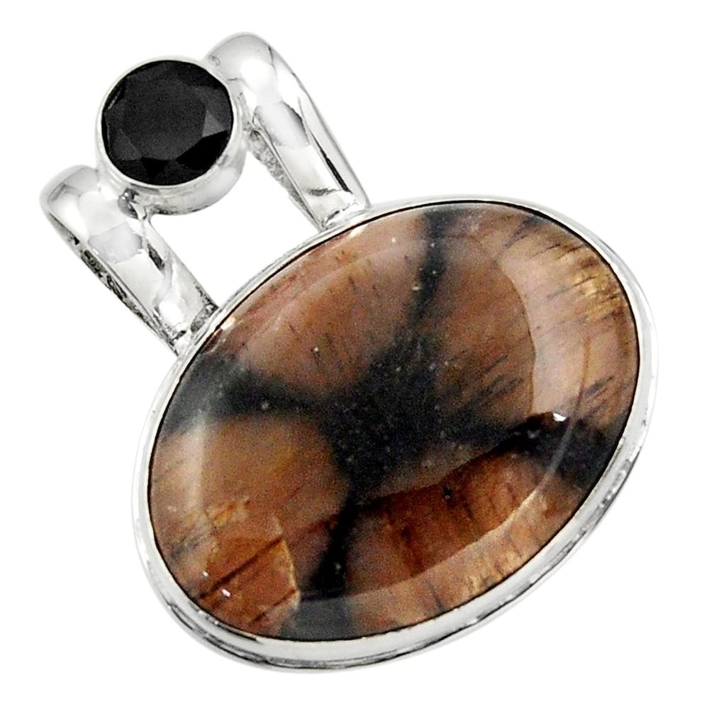 925 sterling silver 25.57cts natural brown chiastolite oval onyx pendant r31987