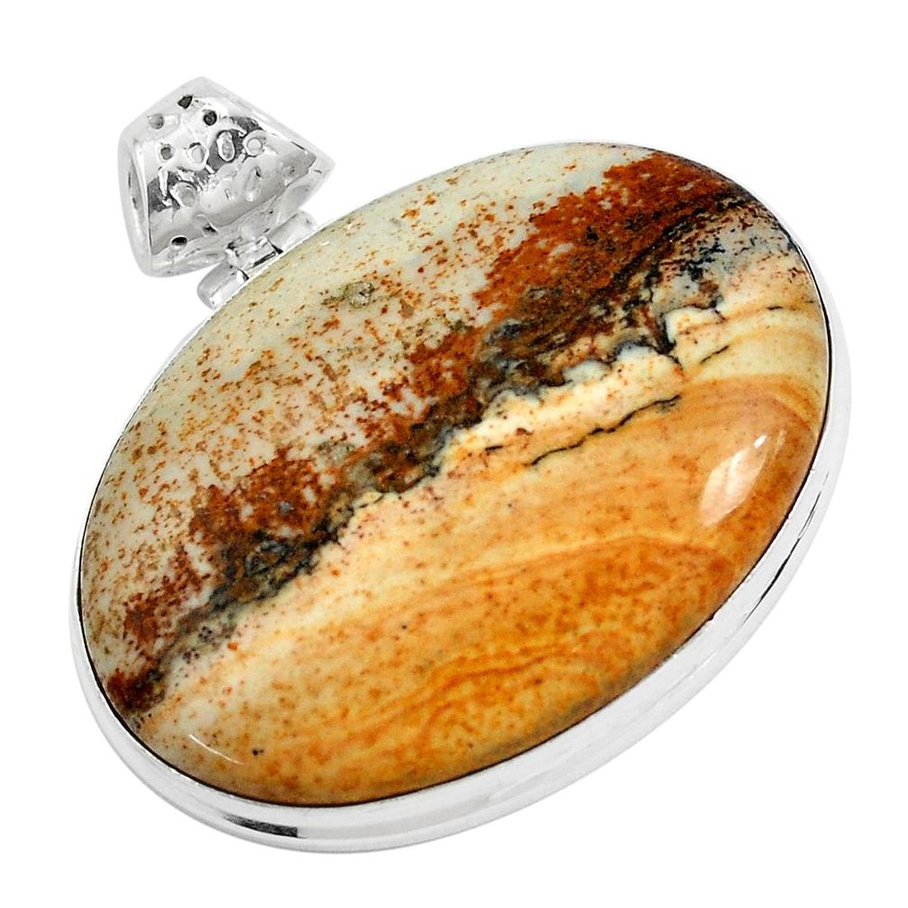 925 sterling silver 39.70cts natural brown picture jasper oval pendant p46848