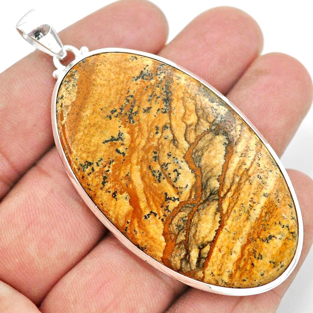 925 sterling silver 55.23cts natural brown picture jasper oval pendant t41886