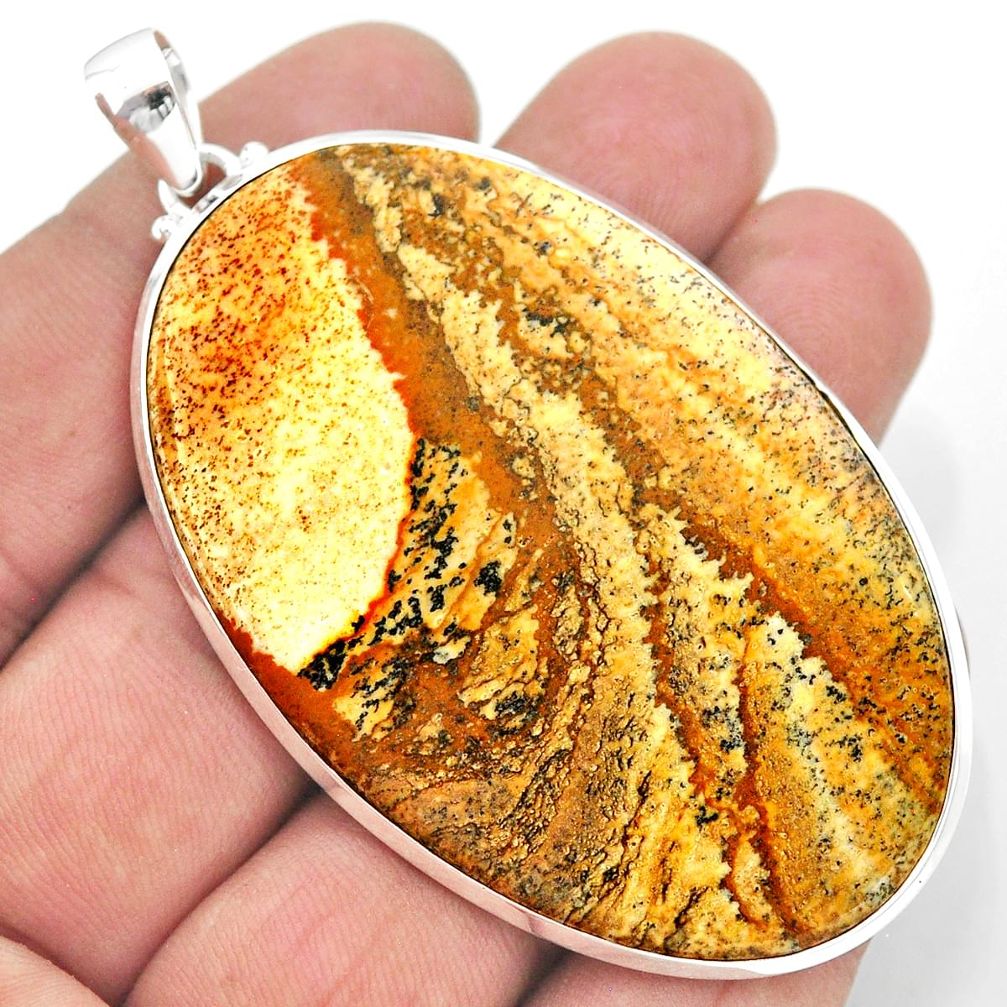 925 sterling silver 57.25cts natural brown picture jasper oval pendant t41895
