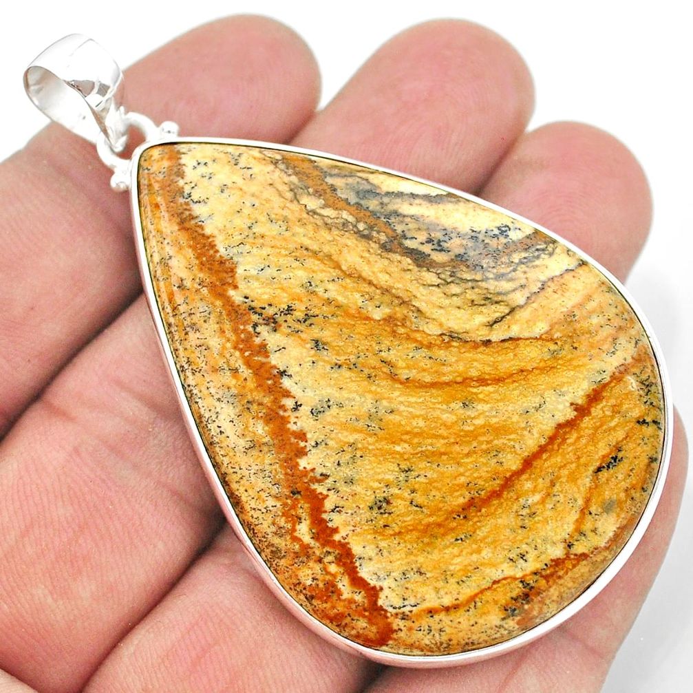 925 sterling silver 61.63cts natural brown picture jasper pear pendant t41890