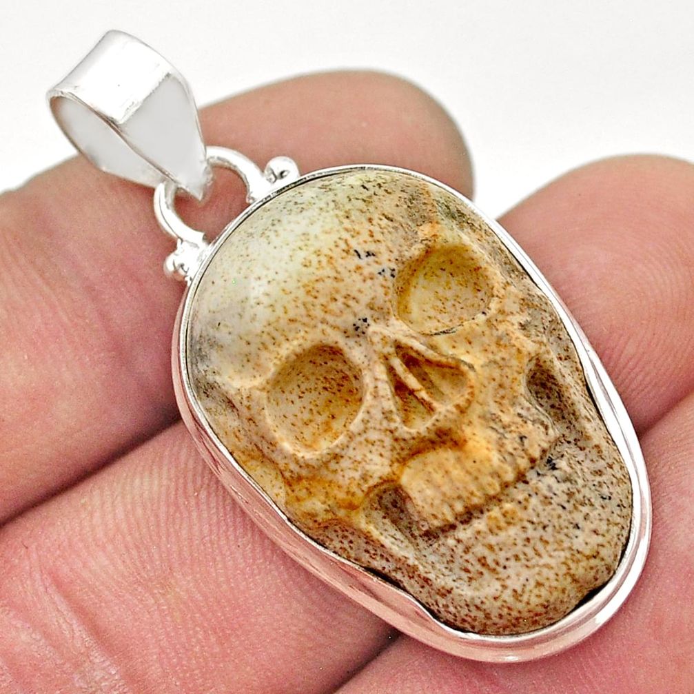 925 sterling silver 25.89cts natural brown picture jasper skull pendant d48748