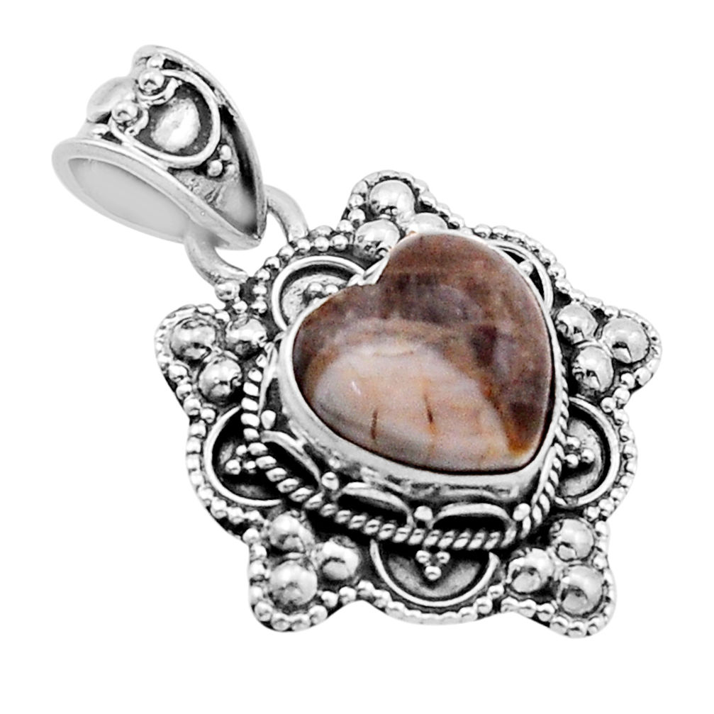 925 sterling silver 4.84cts natural brown septarian gonads heart pendant n51394