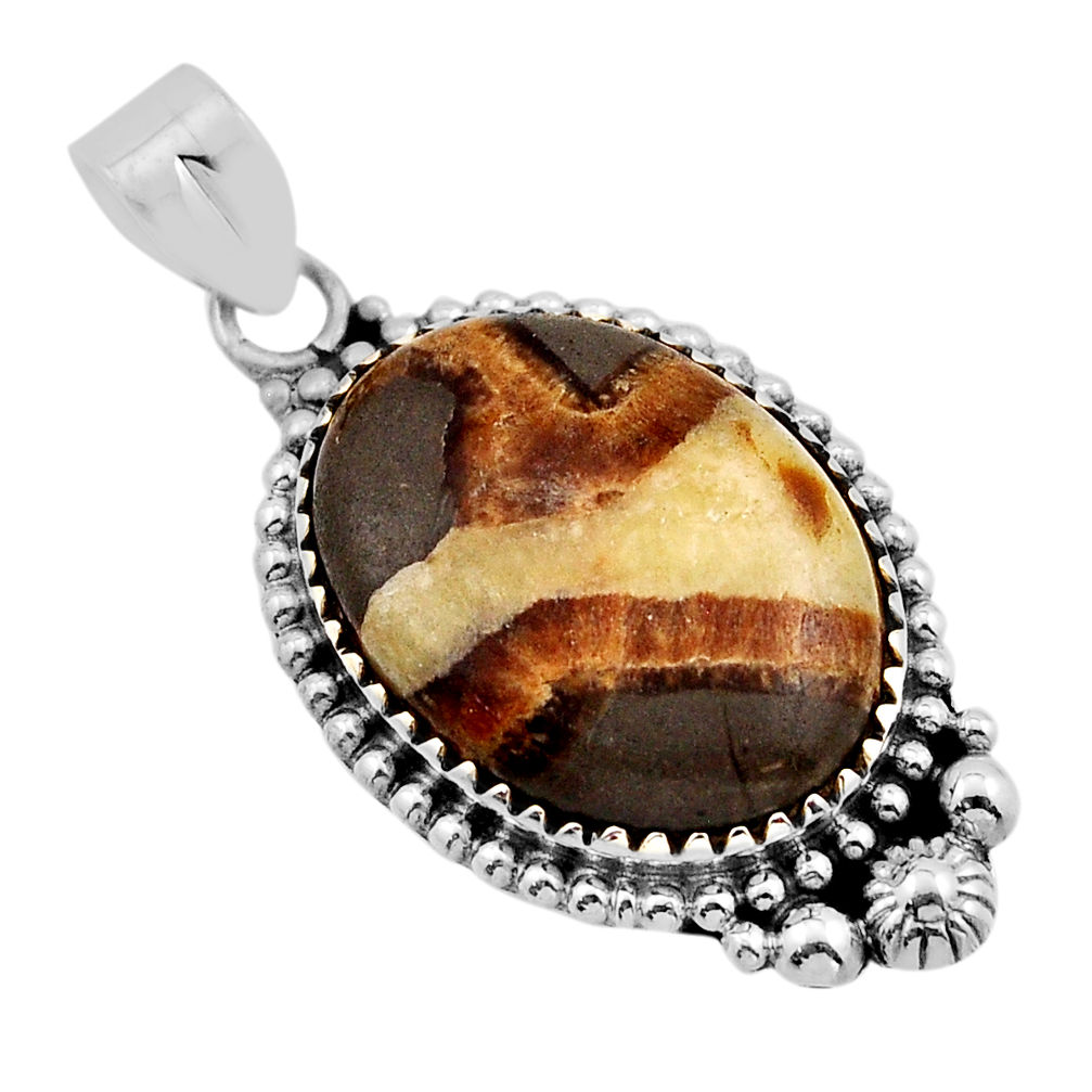 925 sterling silver 16.70cts natural brown septarian gonads oval pendant n2126