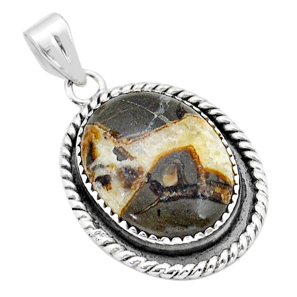 925 sterling silver 17.20cts natural brown septarian gonads oval pendant u89991