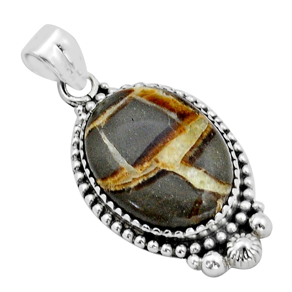925 sterling silver 17.20cts natural brown septarian gonads oval pendant u89994