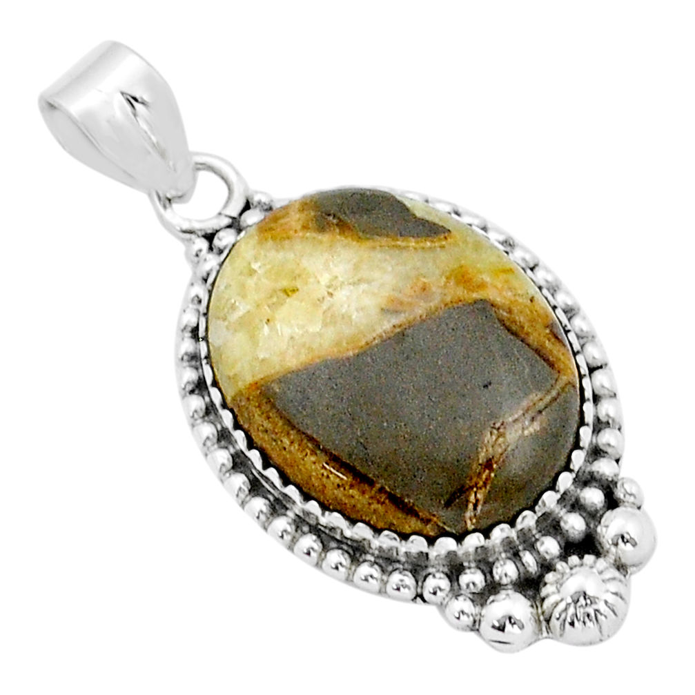 925 sterling silver 16.74cts natural brown septarian gonads oval pendant u89996