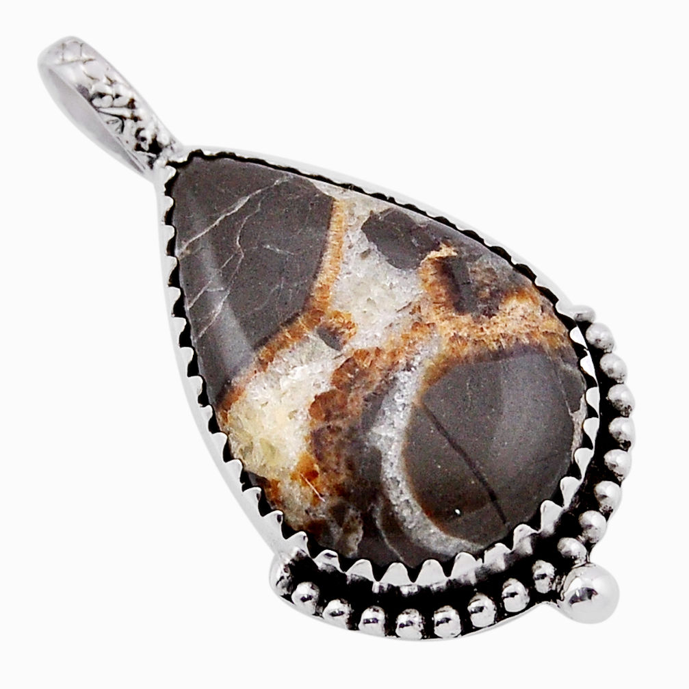 925 sterling silver 14.88cts natural brown septarian gonads pear pendant n35604