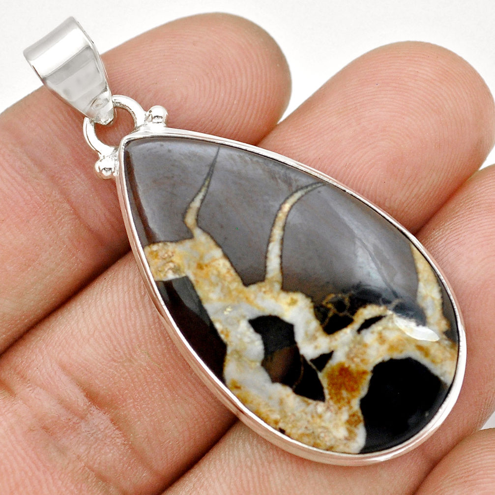 925 sterling silver 28.73cts natural brown septarian gonads pear pendant u75037
