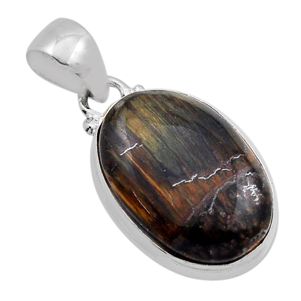 925 sterling silver 11.57cts natural brown tiger's hawks eye oval pendant n15267