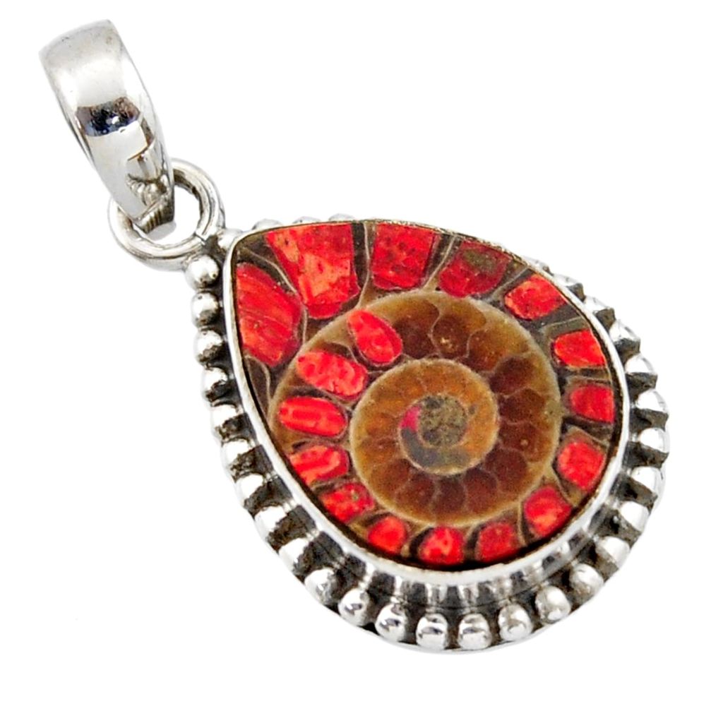 925 sterling silver 12.10cts natural coral in ammonite pear pendant r40392