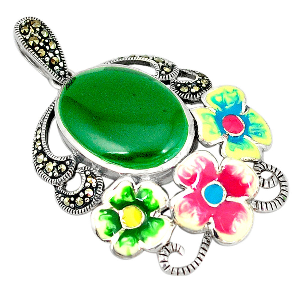 925 sterling silver natural green chalcedony marcasite enamel pendant c21469