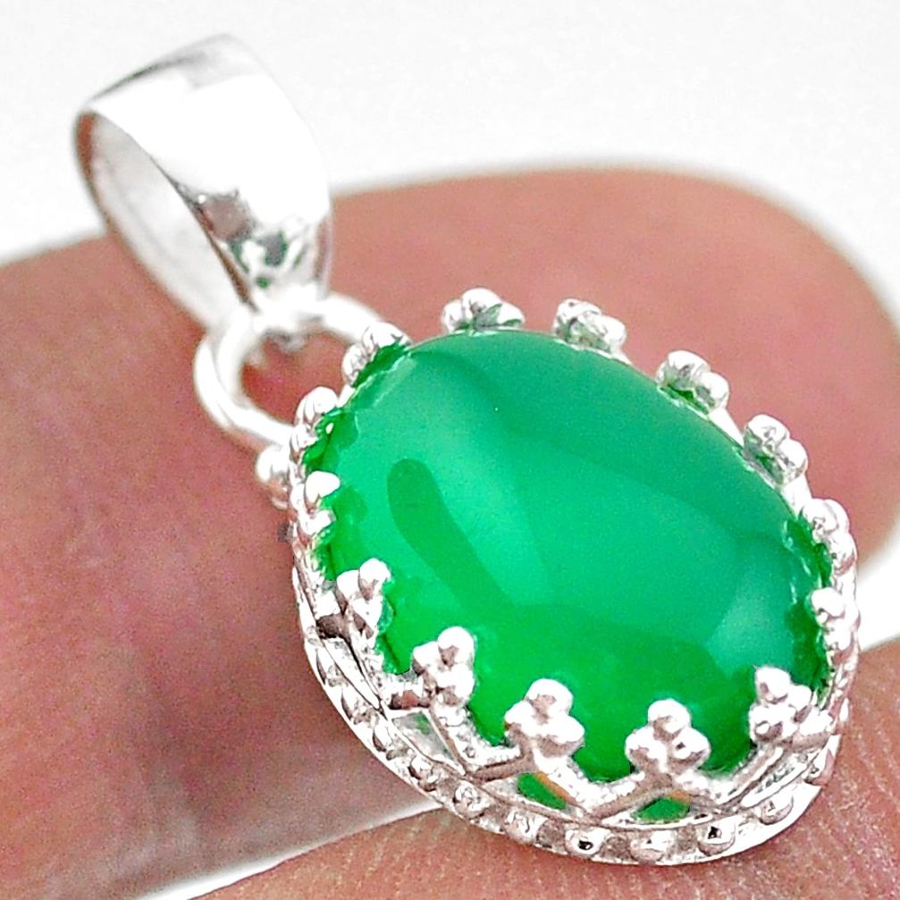 925 sterling silver 6.61cts natural green chalcedony oval crown pendant t43351