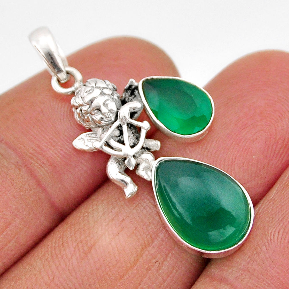 925 sterling silver 6.19cts natural green chalcedony pear angel pendant y61286