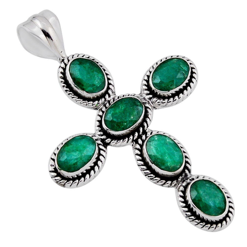 925 sterling silver 9.44cts natural green emerald oval holy cross pendant n39043