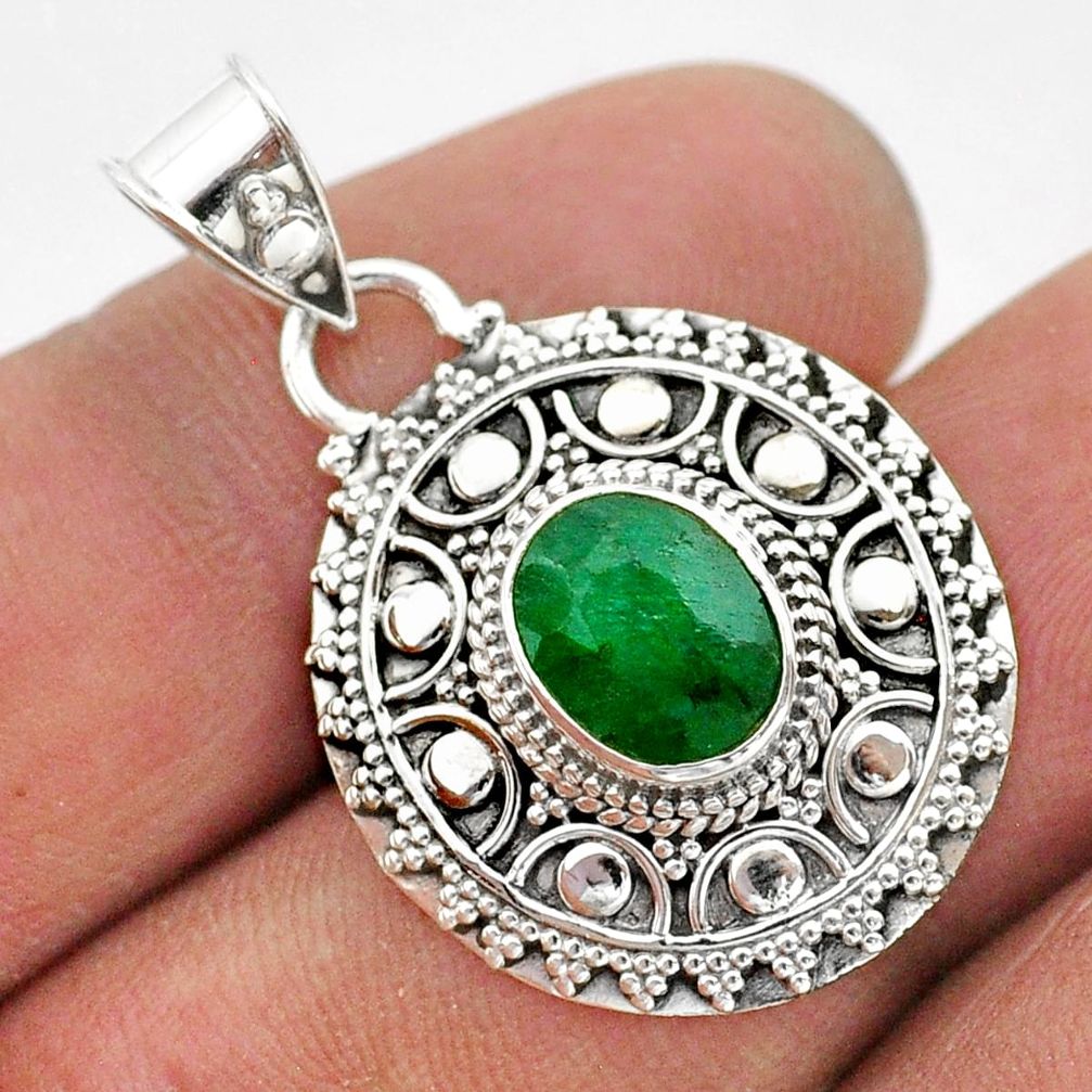 925 sterling silver 3.09cts natural green emerald oval pendant jewelry t42953