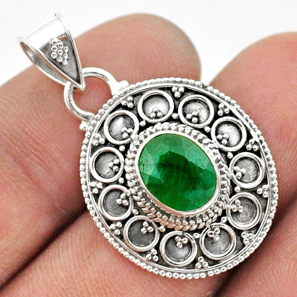 925 sterling silver 3.09cts natural green emerald oval pendant jewelry t42972