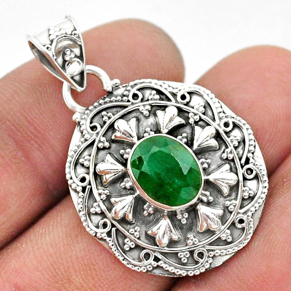 925 sterling silver 3.42cts natural green emerald oval shape pendant t42931