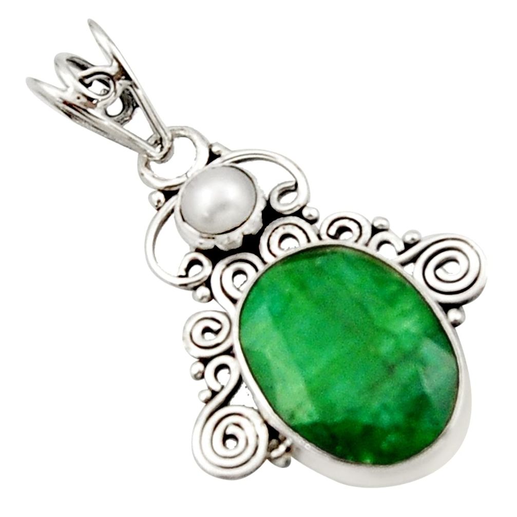 925 sterling silver 9.99cts natural green emerald pearl pendant jewelry d46649