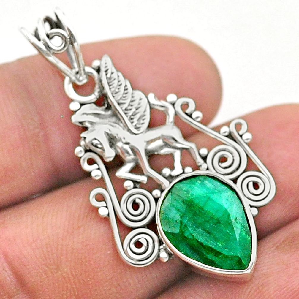 925 sterling silver 6.25cts natural green emerald unicorn pendant jewelry t40795