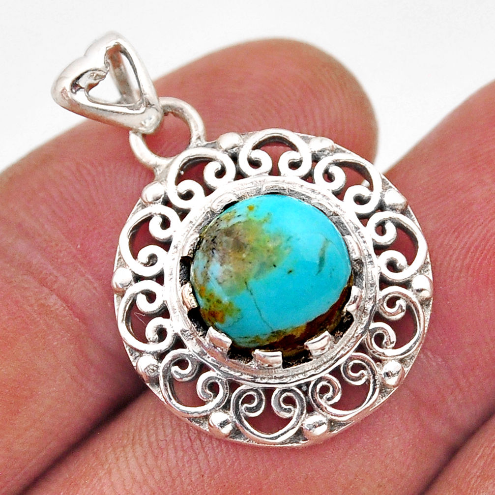 925 sterling silver 5.11cts natural green  turquoise round pendant y91390