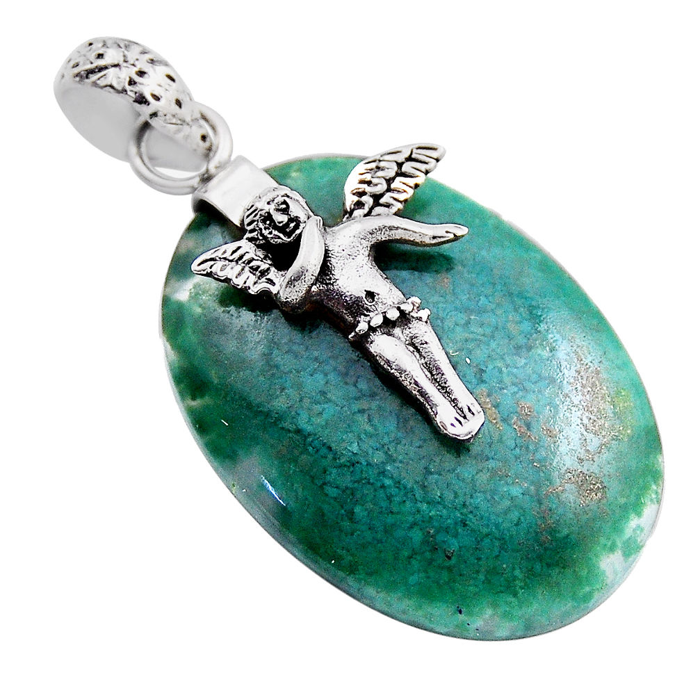 925 sterling silver 13.05cts natural green moss agate oval angel pendant n25476
