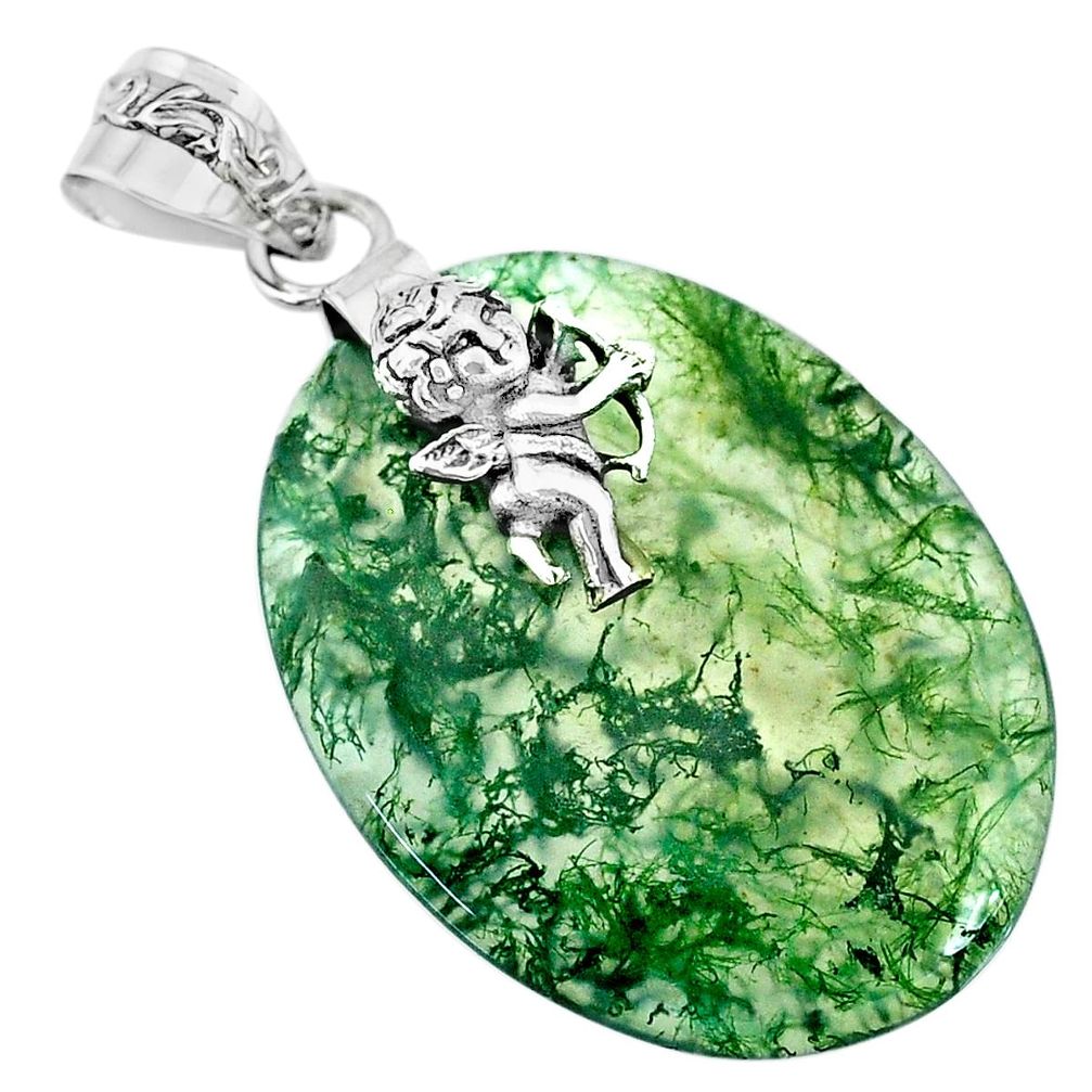 925 sterling silver 24.06cts natural green moss agate oval angel pendant r74494