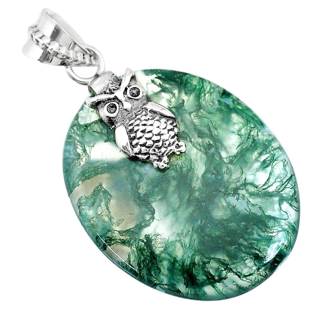 925 silver 30.30cts natural green moss agate owl handmade pendant r74500