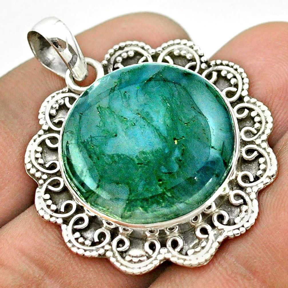 925 sterling silver 19.53cts natural green moss agate round pendant t53354