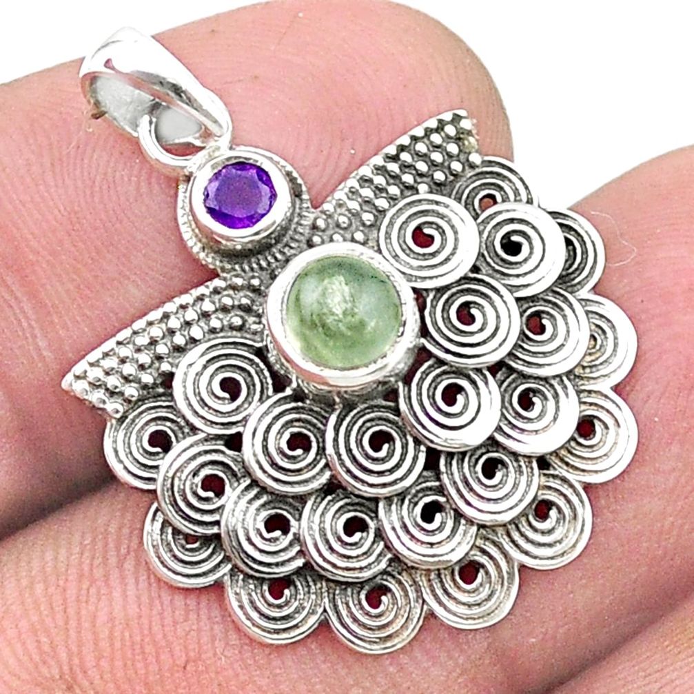 925 sterling silver 1.27cts natural green prehnite amethyst round pendant u34772