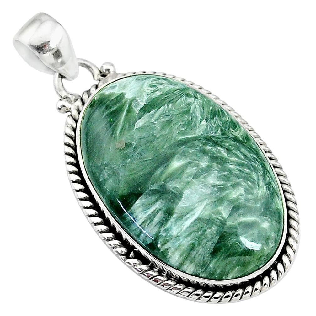 925 sterling silver 22.02cts natural green seraphinite (russian) pendant t10647