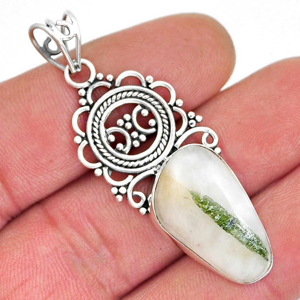 925 Sterling Silver Natural Green Tourmaline In Quartz Pendant Y21174 Gemexi
