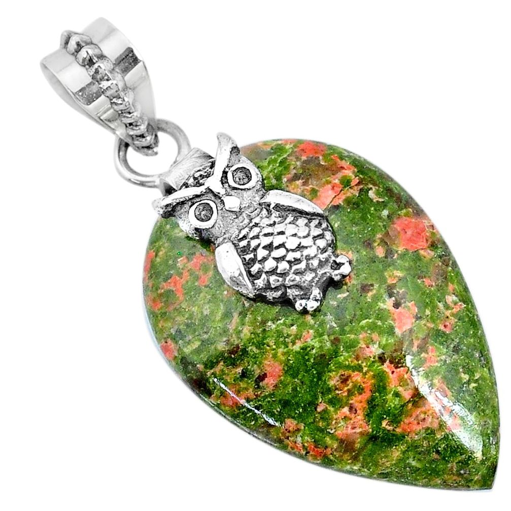 925 sterling silver 25.83cts natural green unakite pear owl pendant r74470