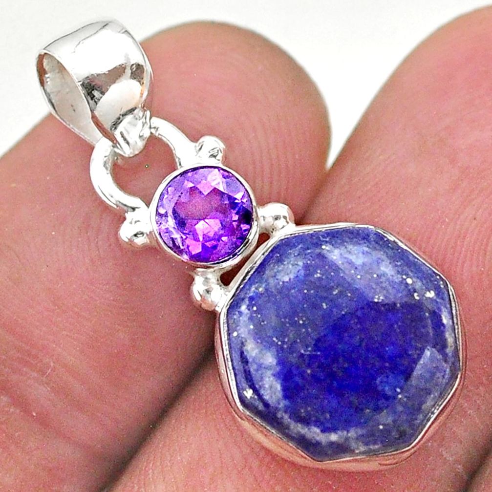 925 sterling silver 5.87cts natural lapis lazuli amethyst hexagon pendant t46484