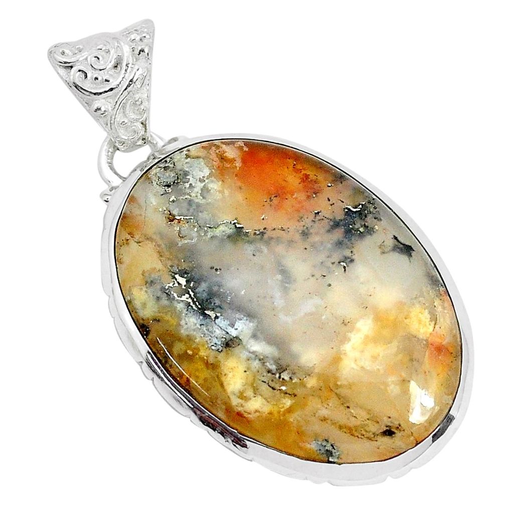 925 sterling silver 19.42cts natural multi color plume agate oval pendant p34107