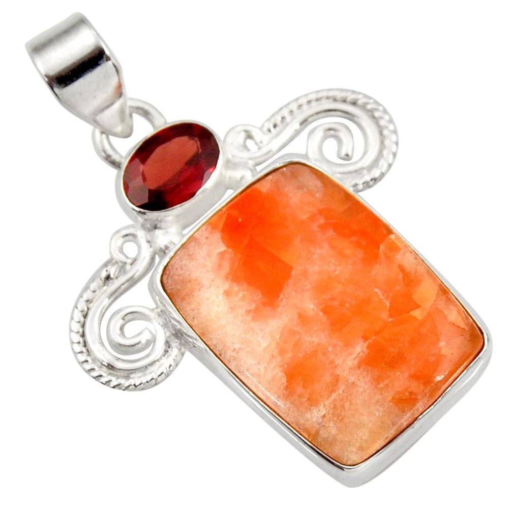 925 sterling silver 20.07cts natural orange calcite red garnet pendant d42348