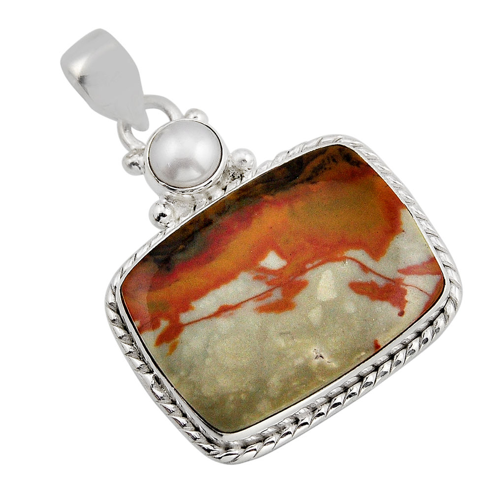 925 sterling silver 21.48cts natural orange poppy jasper pearl pendant n1159