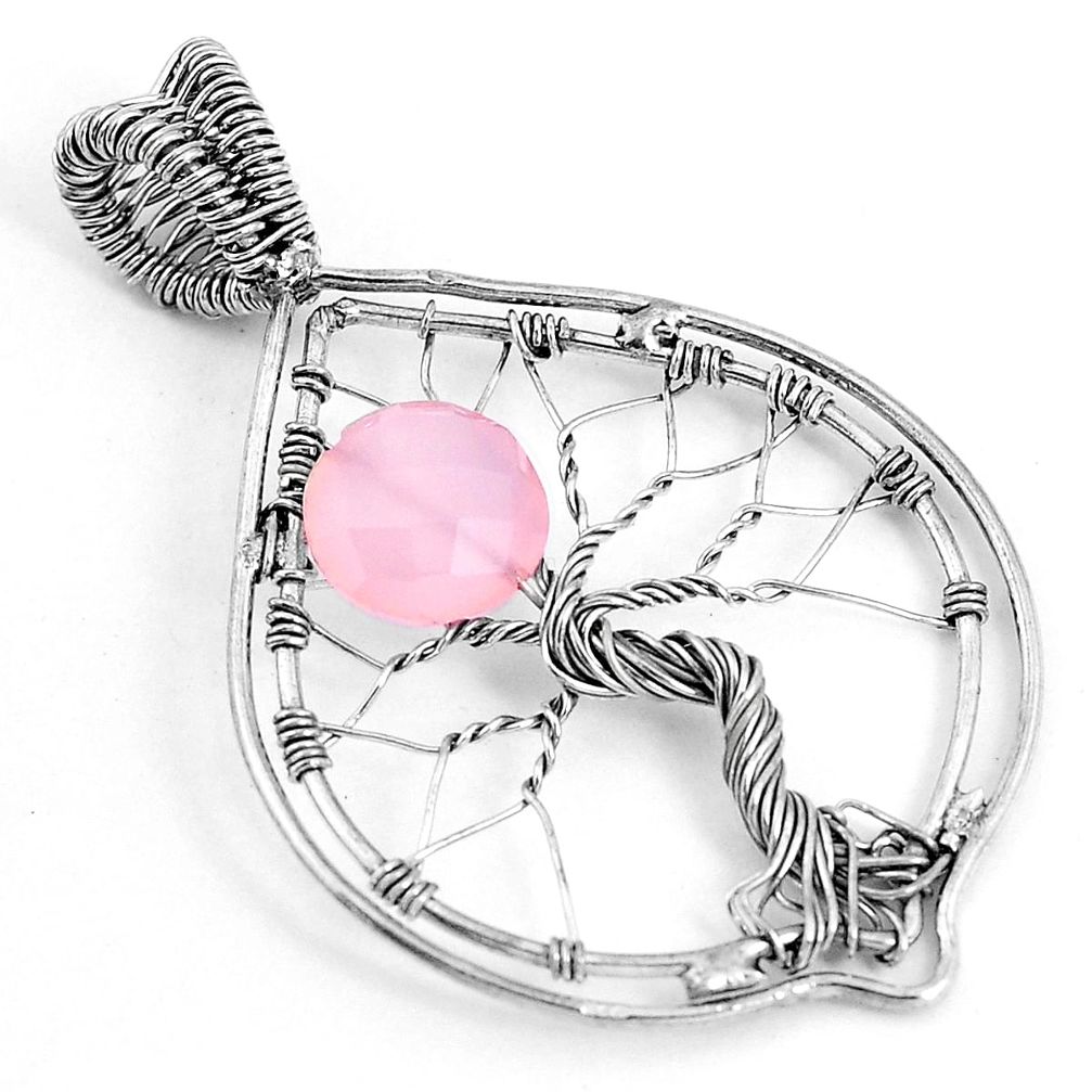 925 sterling silver 4.93cts natural pink chalcedony tree of life pendant p43076